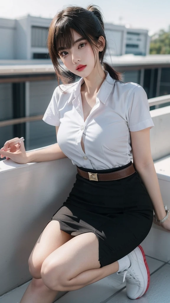 (High resolution 8K, Masterpiece, Only the best quality complicated details Chromatic aberration) realistic ((small breasts)) I sprinkled one eye., Very large round silver earrings worn on the ears..., Diamond choker, red gemstone necklace, medium sized silver necklace, bracelet, Many bracelets, leather strap watch, Anklet, Waist necklace, stilettos, sharp eyes, necklace, (symmetrical eyes), (Perfect symmetrical body), (Photo of a beautiful 19 year old teenage girl...), Beautiful and charming with contemporary fashion paintings as well..., looking at the audience, ((Sitting in a five-story red amphitheater behind a large glass room...)), ((black short skirt)),(((tired ((white short sleeve shirt), ( Open the shirt and show off the small breasts.,Soft milk), very good)), (open chest),)), (Medium soft chest)), (Long square leather belt buckle), Put your hands down, (Light brown golden blonde bob, large spiral curls, (There is some hair covering the face....)), sharp eyeliner, dark eyes, eyelid, Blush with thick eyelashes, Curly eyelashes, Very delicate and beautiful, Sharp focus. elegant. (Spread your legs moderately in the stands... ) (open legs, Look at the panties...) (open legsของคุณและยกขาซ้ายขึ้น. (natural release) it'It's an interesting example.., Keep your legs at natural eye level...., separate from each other, black stockings, (university set)