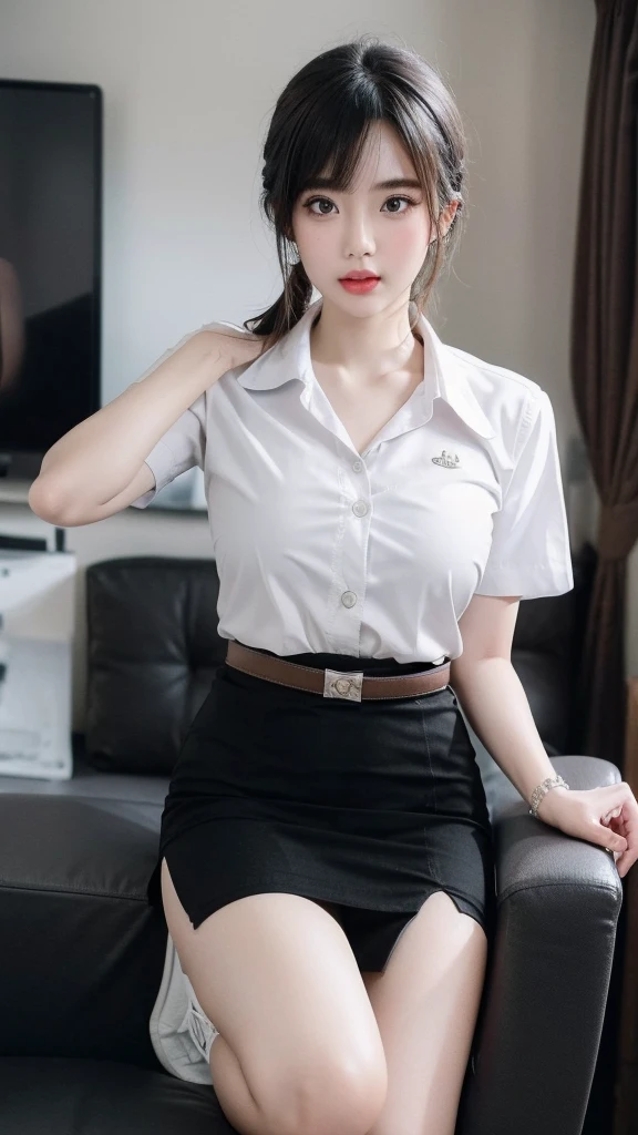stand , (8k, best quality, masterpiece, ultra highres:1.2) Photo of Pretty thai woman beautiful, beautiful enchanting fashion contemporary painting with , (1girl), (white shirt short sleeves), ((black pencil skirt)), belt, ((hand down)), blonde hair , short hair, , realistic skin texture , (nudity), round chin, 85 mm art lens, f 1. 2, sharp focus, 8 k high definition, insanely detailed, intricate, elegant, large breasts, black skirt