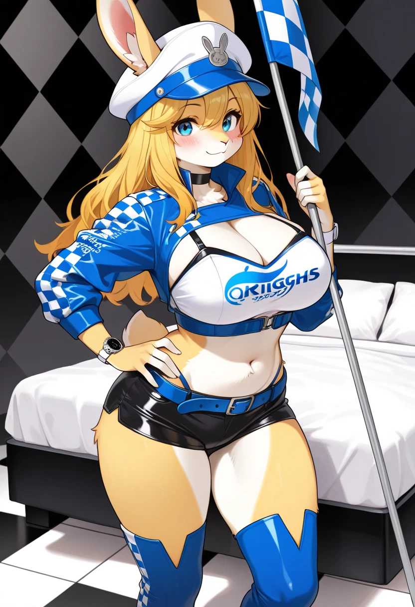 1girl, blonde hairz large breasts, thick thighs, hourglass figure, toned, blue eyes, fox ears, fox tail, police, policewoman, police uniform, belt, smile, smirk, smug, mature female, bikini, blue bikini, highleg, beach, text, number, card \(medium\),