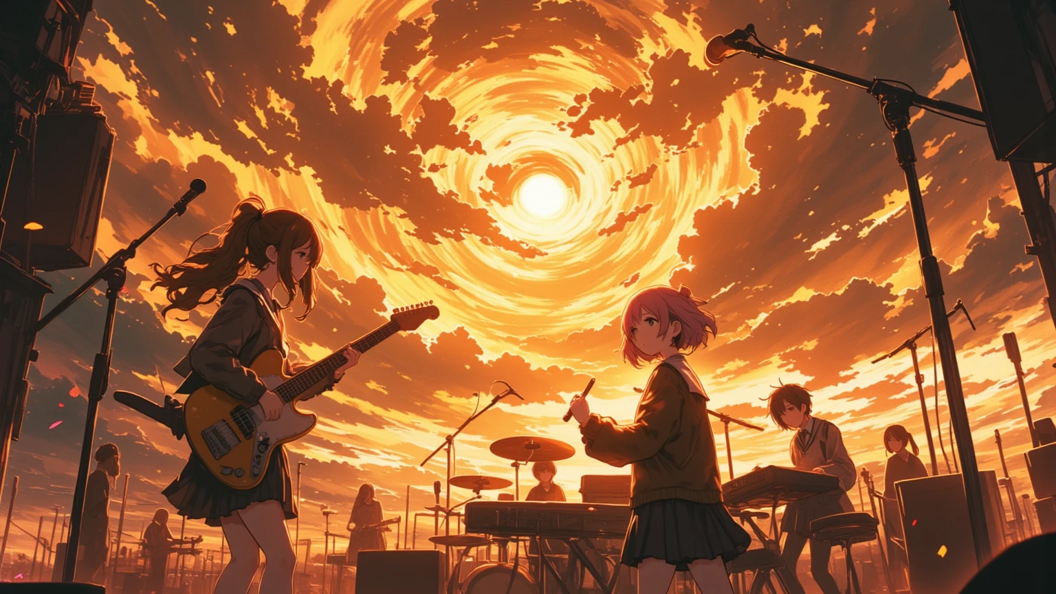 A huge typhoon disaster is looming,
Wide-angle shot,

Shout, shout, shout!　Blow away the cumulonimbus clouds!
5girls, anime-style illustration, (detailed face:1.3), 1th electric guiter medium-length wavy brown hair, 2nd Bass guitar yellow ponytail, 3rd drums pink Bobcut, 4th Mysterious hairstyle playing  keyboard, 5th Spiky hairstyle vocalist(Sing with your mouth wide open), school uniform jacket, skirt, on stage, 
shallow depth of field, background blur, foreground blur, (shallow depth of field:1.3), face in focus, 
warm spotlight lighting, cherry blossom petals floating, cinematic atmosphere, vibrant colors, 
A huge cave on top of a high mountain is a concert hall scene, From side, dramatic lighting, (spotlight from above), golden lighting, lens flare, highly detailed, illuminated by spinning penlights, her bangs and side locks accentuating vocalist face against a simple brown background, The sound waves vibrate through the cumulonimbus clouds towering into the sky, even with the howling of the voices. The cumulonimbus clouds scatter.
