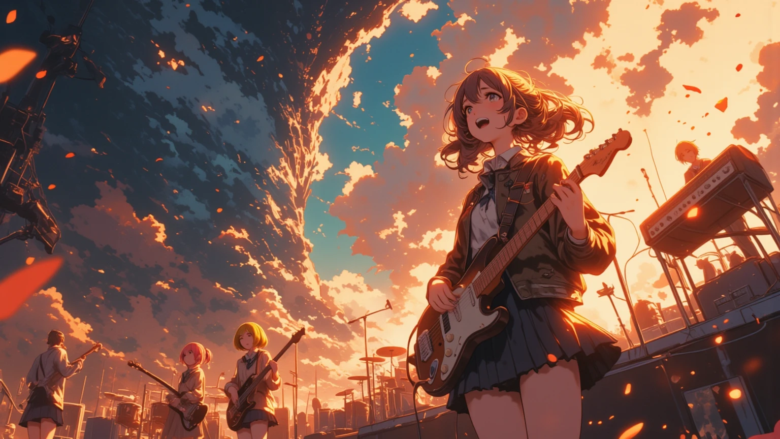 A huge typhoon disaster is looming,
Wide-angle shot,

Shout, shout, shout!　Blow away the cumulonimbus clouds!
5girls, anime-style illustration, (detailed face:1.3), 1th electric guiter medium-length wavy brown hair, 2nd Bass guitar yellow ponytail, 3rd drums pink Bobcut, 4th Mysterious hairstyle playing  keyboard, 5th Spiky hairstyle vocalist(Sing with your mouth wide open), school uniform jacket, skirt, on stage, 
shallow depth of field, background blur, foreground blur, (shallow depth of field:1.3), face in focus, 
warm spotlight lighting, cherry blossom petals floating, cinematic atmosphere, vibrant colors, 
A huge cave on top of a high mountain is a concert hall scene, From side, dramatic lighting, (spotlight from above), golden lighting, lens flare, highly detailed, illuminated by spinning penlights, her bangs and side locks accentuating vocalist face against a simple brown background, The sound waves vibrate through the cumulonimbus clouds towering into the sky, even with the howling of the voices. The cumulonimbus clouds scatter.
