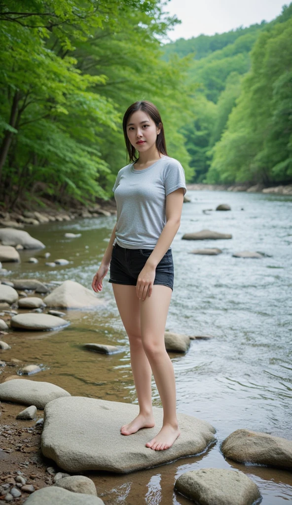 (8k, RAW photos, highest quality, masterpiece: 1.7), (Realistic, Photorealistic: 1.9), black hair, 28 years old, campsite, stockings, sweaty face, standing, smile a little, nude
