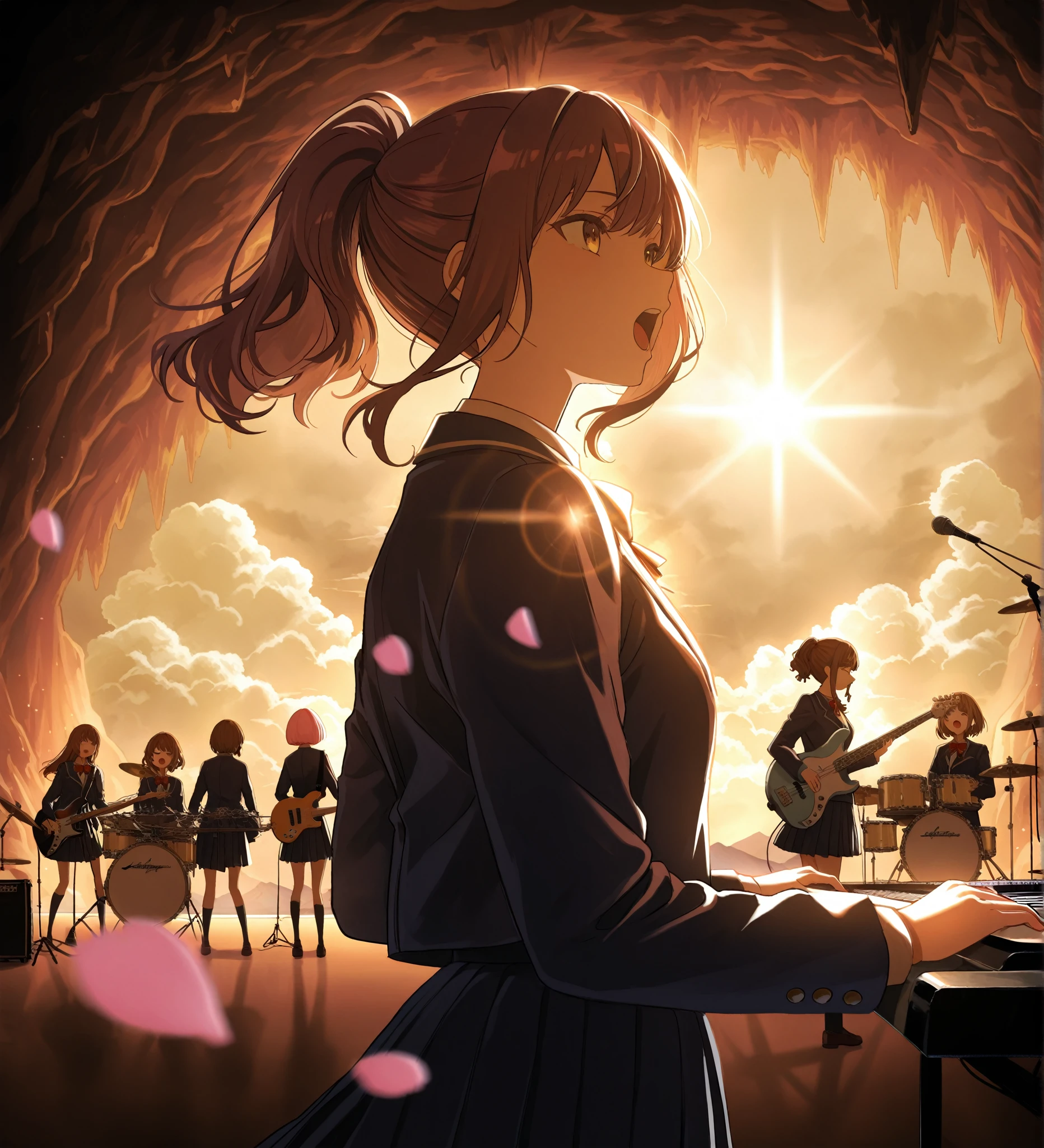 A huge typhoon disaster is looming,
Wide-angle shot,

Shout, shout, shout!　Blow away the cumulonimbus clouds!
5girls, anime-style illustration, (detailed face:1.3), 1th electric guiter medium-length wavy brown hair, 2nd Bass guitar yellow ponytail, 3rd drums pink Bobcut, 4th Mysterious hairstyle playing  keyboard, 5th Spiky hairstyle vocalist(Sing with your mouth wide open), school uniform jacket, skirt, on stage, 
shallow depth of field, background blur, foreground blur, (shallow depth of field:1.3), face in focus, 
warm spotlight lighting, cherry blossom petals floating, cinematic atmosphere, vibrant colors, 
A huge cave on top of a high mountain is a concert hall scene, From side, dramatic lighting, (spotlight from above), golden lighting, lens flare, highly detailed, illuminated by spinning penlights, her bangs and side locks accentuating vocalist face against a simple brown background, The sound waves vibrate through the cumulonimbus clouds towering into the sky, even with the howling of the voices. The cumulonimbus clouds scatter.