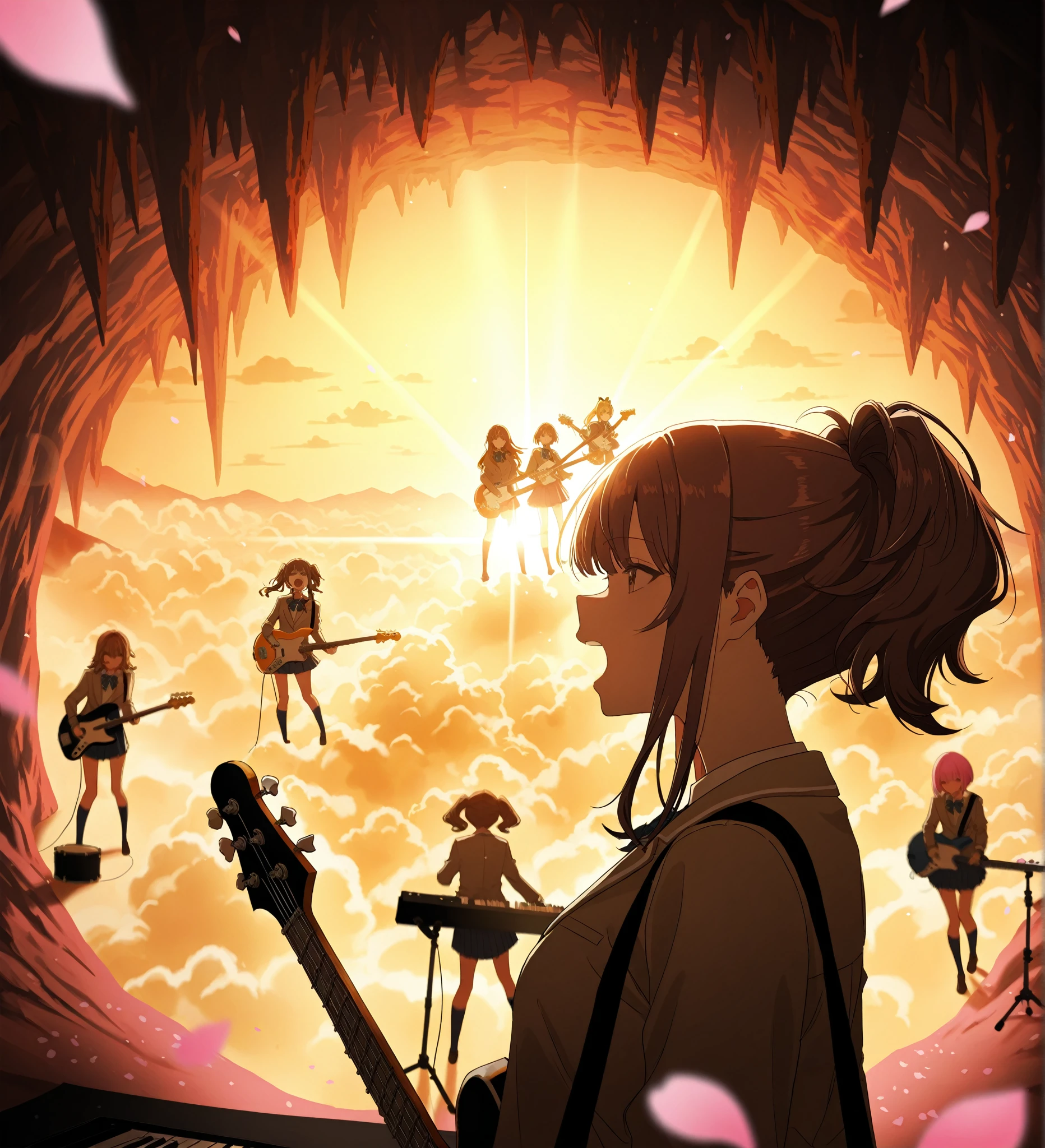 A huge typhoon disaster is looming,
Wide-angle shot,

Shout, shout, shout!　Blow away the cumulonimbus clouds!
5girls, anime-style illustration, (detailed face:1.3), 1th electric guiter medium-length wavy brown hair, 2nd Bass guitar yellow ponytail, 3rd drums pink Bobcut, 4th Mysterious hairstyle playing  keyboard, 5th Spiky hairstyle vocalist(Sing with your mouth wide open), school uniform jacket, skirt, on stage, 
shallow depth of field, background blur, foreground blur, (shallow depth of field:1.3), face in focus, 
warm spotlight lighting, cherry blossom petals floating, cinematic atmosphere, vibrant colors, 
A huge cave on top of a high mountain is a concert hall scene, From side, dramatic lighting, (spotlight from above), golden lighting, lens flare, highly detailed, illuminated by spinning penlights, her bangs and side locks accentuating vocalist face against a simple brown background, The sound waves vibrate through the cumulonimbus clouds towering into the sky, even with the howling of the voices. The cumulonimbus clouds scatter.