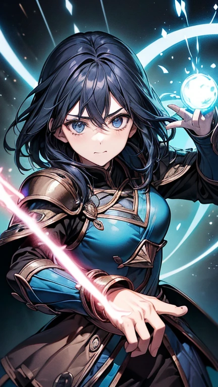 1girl,paladin, armor, mage, blue eyes, magic circle, casting a spell, light particles,light rays, light particles, fantasy,
