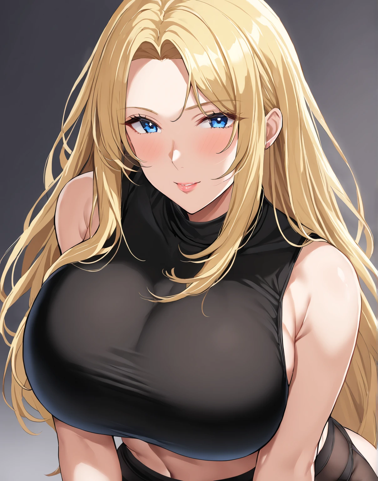 1girl, yellow hair, green eyes, smiling, black tank top, blue jeans, medium breast, looking at vewers, flipped hair hairstyle, The Retro Hair Flip Trend, masterpiece, 8k, 16, 32k, shiny skin, UHD frekles on her skin, bootcut, cleavage, HDR, 4K, 8K, High quality, Ultra high quality, big forehead, cowboy shot,