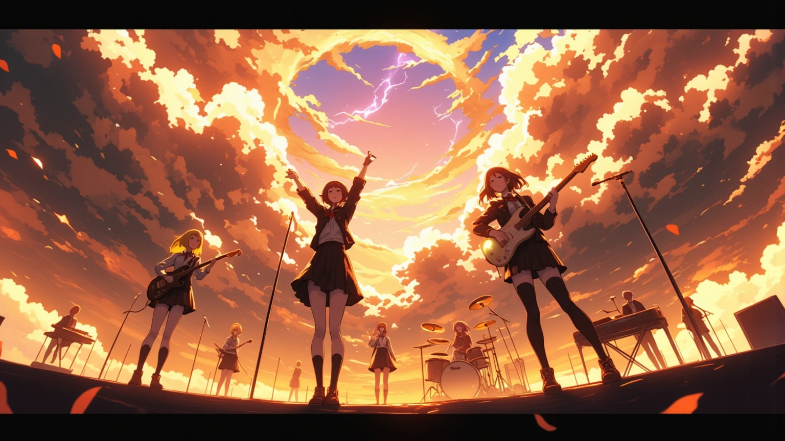 A huge typhoon disaster is looming,
Wide-angle shot,

Shout, shout, shout!　Blow away the cumulonimbus clouds!
5girls, anime-style illustration, (detailed face:1.3), 1th electric guiter medium-length wavy brown hair, 2nd Bass guitar yellow ponytail, 3rd drums pink Bobcut, 4th Mysterious hairstyle playing  keyboard, 5th Spiky hairstyle vocalist(Sing with your mouth wide open), school uniform jacket, skirt, on stage, 
shallow depth of field, background blur, foreground blur, (shallow depth of field:1.3), face in focus, 
warm spotlight lighting, cherry blossom petals floating, cinematic atmosphere, vibrant colors, 
A huge cave on top of a high mountain is a concert hall scene, From side, dramatic lighting, (spotlight from above), golden lighting, lens flare, highly detailed, illuminated by spinning penlights, her bangs and side locks accentuating vocalist face against a simple brown background, The sound waves vibrate through the cumulonimbus clouds towering into the sky, even with the howling of the voices. The cumulonimbus clouds scatter.
