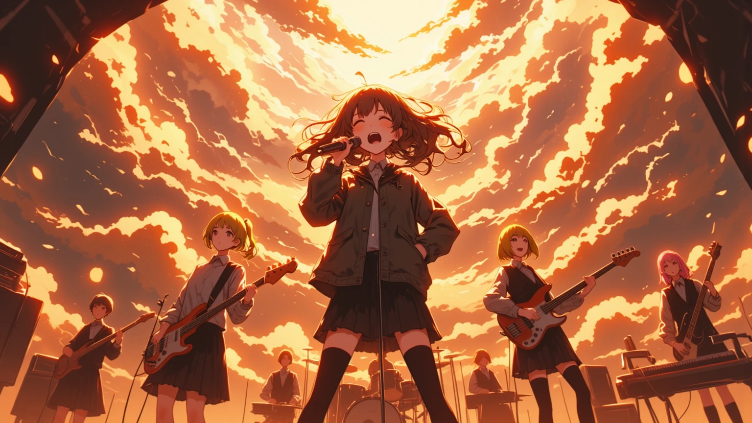 A huge typhoon disaster is looming,
Wide-angle shot,

Shout, shout, shout!　Blow away the cumulonimbus clouds!
5girls, anime-style illustration, (detailed face:1.3), 1th electric guiter medium-length wavy brown hair, 2nd Bass guitar yellow ponytail, 3rd drums pink Bobcut, 4th Mysterious hairstyle playing  keyboard, 5th Spiky hairstyle vocalist(Sing with your mouth wide open), school uniform jacket, skirt, on stage, 
shallow depth of field, background blur, foreground blur, (shallow depth of field:1.3), face in focus, 
warm spotlight lighting, cherry blossom petals floating, cinematic atmosphere, vibrant colors, 
A huge cave on top of a high mountain is a concert hall scene, From side, dramatic lighting, (spotlight from above), golden lighting, lens flare, highly detailed, illuminated by spinning penlights, her bangs and side locks accentuating vocalist face against a simple brown background, The sound waves vibrate through the cumulonimbus clouds towering into the sky, even with the howling of the voices. The cumulonimbus clouds scatter.