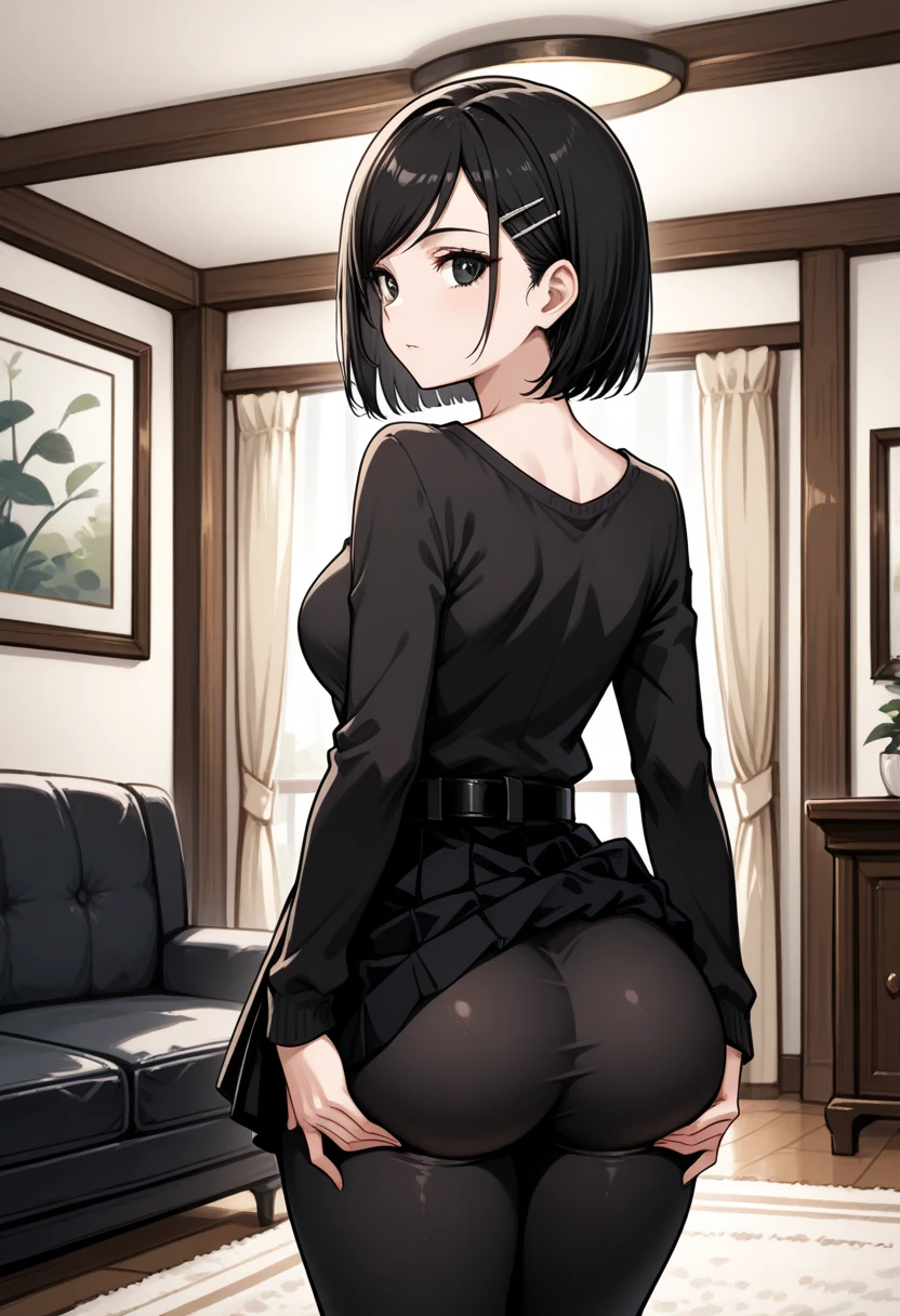 Erotic、Bedroom、Esthetician woman、fat、Black Hair、The woman is standing and her white panties are visible、Wearing a skirt、Pull up your skirt、Showing panties