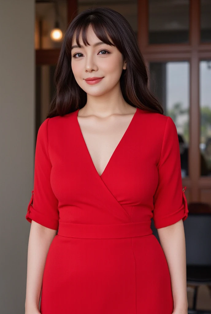 Highly detailed face and skin texture, fine eyes, double eyelid，((mature adult woman))、((middle-aged women))、((55 years old))，((In underwear))、((very good))、medium long brown hair，on the office chair，((big breasts 1.8))， High resolution facial features，gentle smile、Reach out to your audience、