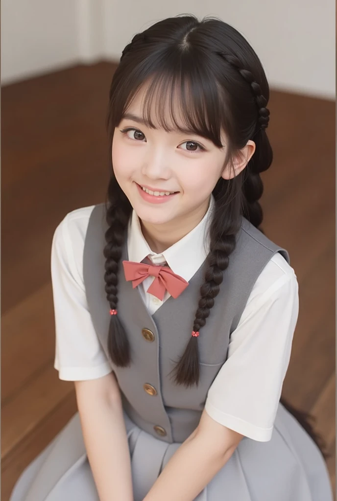 (highest quality、masterpiece:1.2)、highest quality、realistic、photograph、High resolution、1080p、8K、Pale, rough skin、The face is especially pale., physical rendering、((Height: 155cm)), one Japanese girl、A Japanese middle school student-like siren sitting on a luxurious pink bed、cute japanese girl, 14 years old, , (((big very detailed beautiful dark brown eyes))), ((blue girly large wine-red glossy polyester Japanese school ribbon bow tie)), ((((very beautiful black long braids hair)))), ((((deep blue colored tartan checkered formal long pleated pleated skirt)))), ((Shiny beige blouse)), (((Looking at the viewers with loving eyes, smiling))), ((((Very happy)))), mouth is open, The big skirt is very cute, detailed fingers, Slender body, ((curled bangs)), so beautiful, long eyelashes, ((Very big and very very very cute eyes of a Japanese girl)), ((large pupils)), double eyelids, The entire skirt is photographed, Very cute face, thin eyebrows, ((drooping eyes)), ((long eyelashes)), ((cute lovely laughing cheeks)), ((The pure white light hits her face from the front, making her skin and eyes shine beautifully.)), (((((Very neat, very neat, very neat and intelligent face))))), shot from the side, ((idol face)), The sun is shining on my cheeks