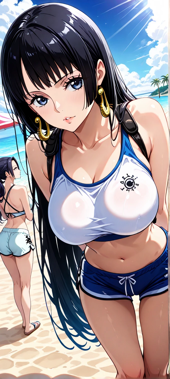 (masterpiece),(ultra-detailed), (high quality), (high resolution), (best quality:1.5, highres, UHD), highres, absurdo, ultra detail, ultra quality, Ultra resolution, 16k, 1girl, (2heads:1.5), ((girl with two heads)), ((black hair)), ((yellow hair)), sexy proportions, (exposed midriff), Beautiful girl with accentuated slender abs, ((different hairstyles)), different haircuts, (long hair), violet eyes, exposed midriff, ((detailed pupils)), beach resort background, lustrous and smooth skin