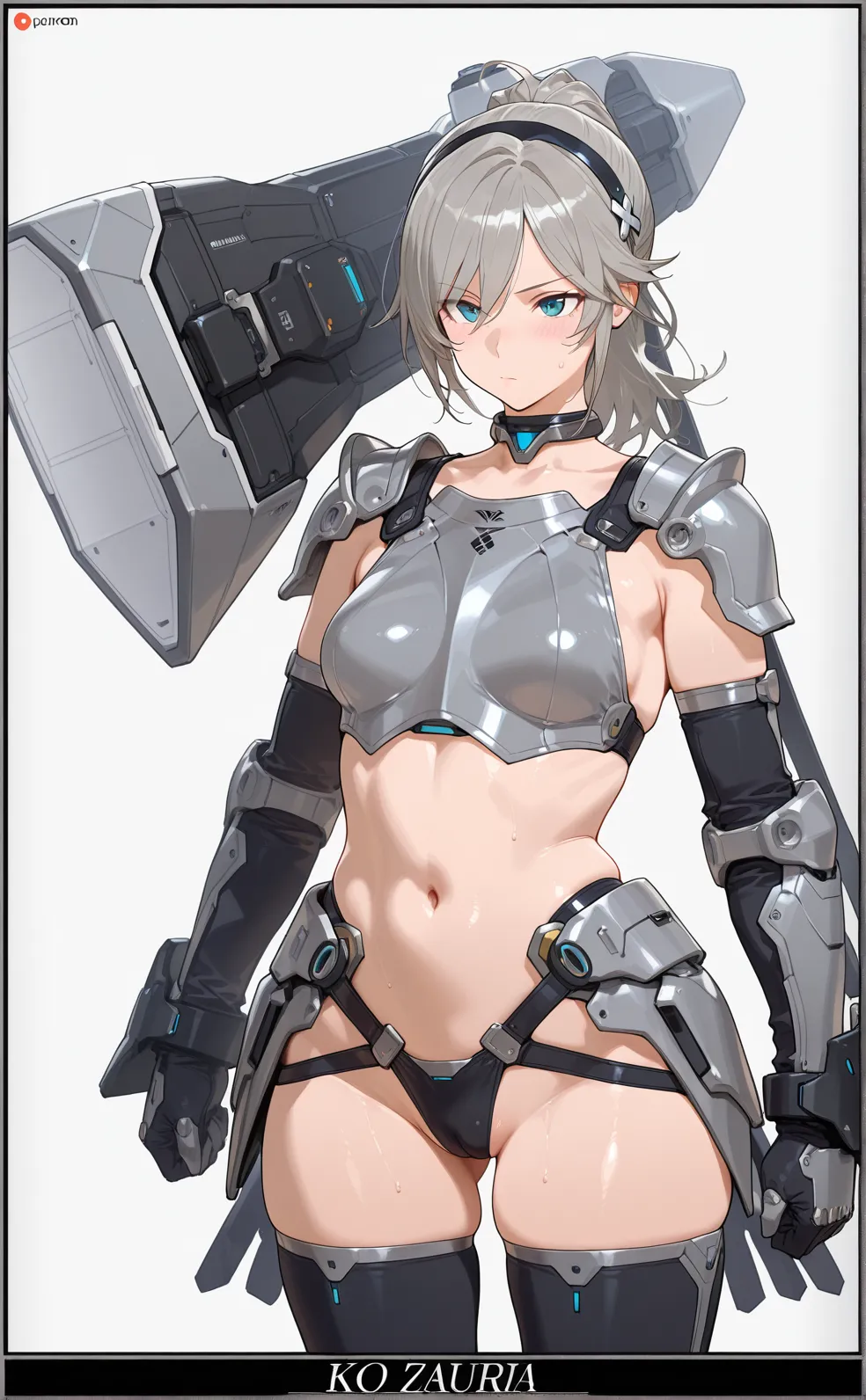 1 girl, high quality, (short hair), forehead, (medium breast), (straps on thighs:1.3), white background, plants, (stocking), (sweaty:1.1), (nipples:0.8), thick thighs, (middle Ages:1.2), (cameltoe:1.1), suit, stomach, (cyborg:1.2), (armor), white hair, hair band, horns, underboob