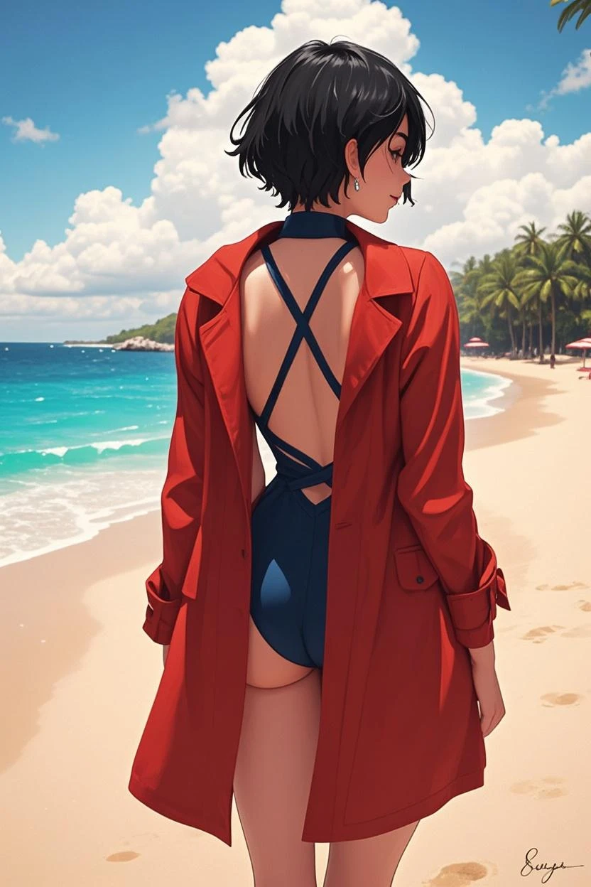 (best quality, high quality, ultra quality, Absurd:1.5), One girl, fighter, (Black Hair, Pixie Cut Tan, Suntan LINES, Dark skinned women, Dark Skin:1.3), (gigantic 胸), Dark blue school swimsuit, Outdoor,  sunset, beach, (ass pov), (Dutch angle:1.2),