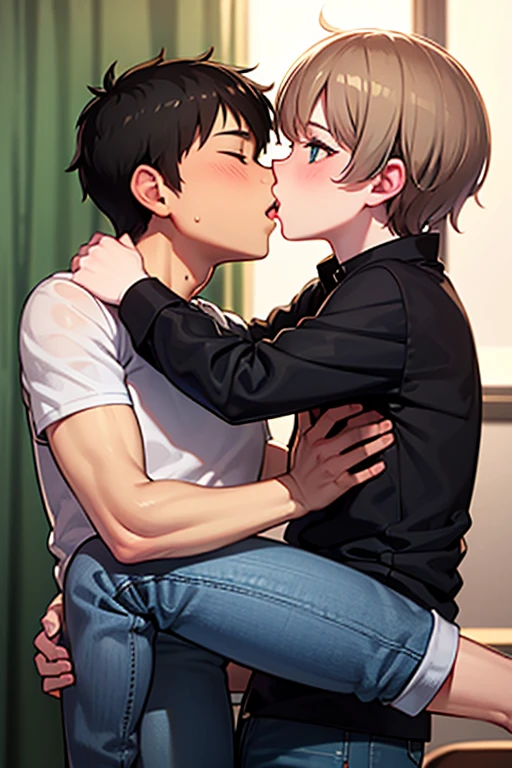 The human,Two boys kissing,Shota,fullnude,fake dog ears,dog collar,Dog tail,Erect ,livingroom,on knees,Face,Helmet matching,face excited