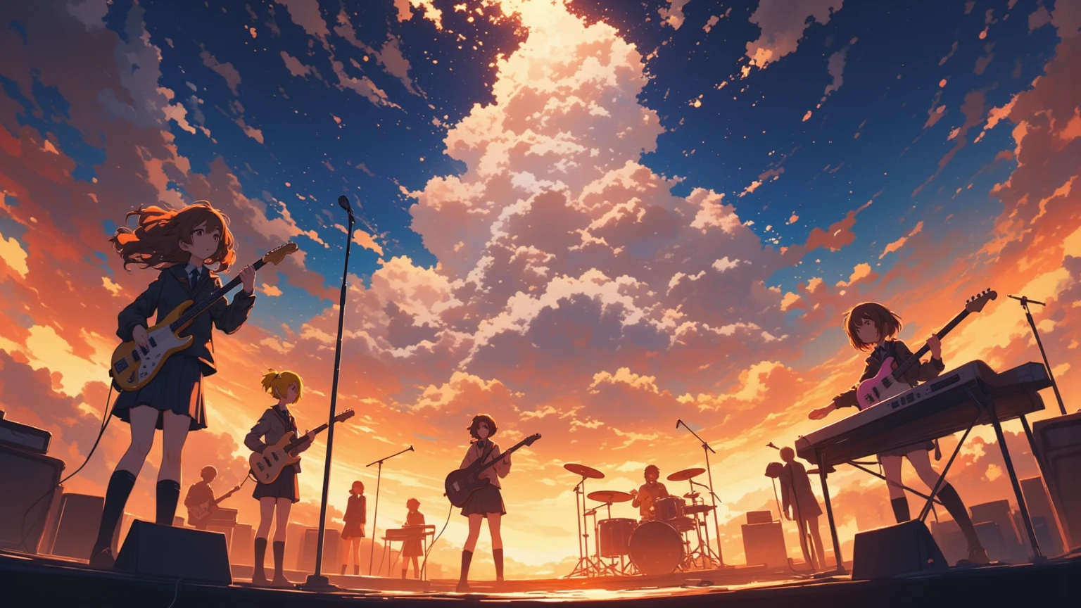 A huge typhoon disaster is looming,
Wide-angle shot,

Shout, shout, shout!　Blow away the cumulonimbus clouds!
5girls, anime-style illustration, (detailed face:1.3), 1th electric guiter medium-length wavy brown hair, 2nd Bass guitar yellow ponytail, 3rd drums pink Bobcut, 4th Mysterious hairstyle playing  keyboard, 5th Spiky hairstyle vocalist(Sing with your mouth wide open), school uniform jacket, skirt, on stage, 
shallow depth of field, background blur, foreground blur, (shallow depth of field:1.3), face in focus, 
warm spotlight lighting, cherry blossom petals floating, cinematic atmosphere, vibrant colors, 
A huge cave on top of a high mountain is a concert hall scene, From side, dramatic lighting, (spotlight from above), golden lighting, lens flare, highly detailed, illuminated by spinning penlights, her bangs and side locks accentuating vocalist face against a simple brown background, The sound waves vibrate through the cumulonimbus clouds towering into the sky, even with the howling of the voices. The cumulonimbus clouds scatter.