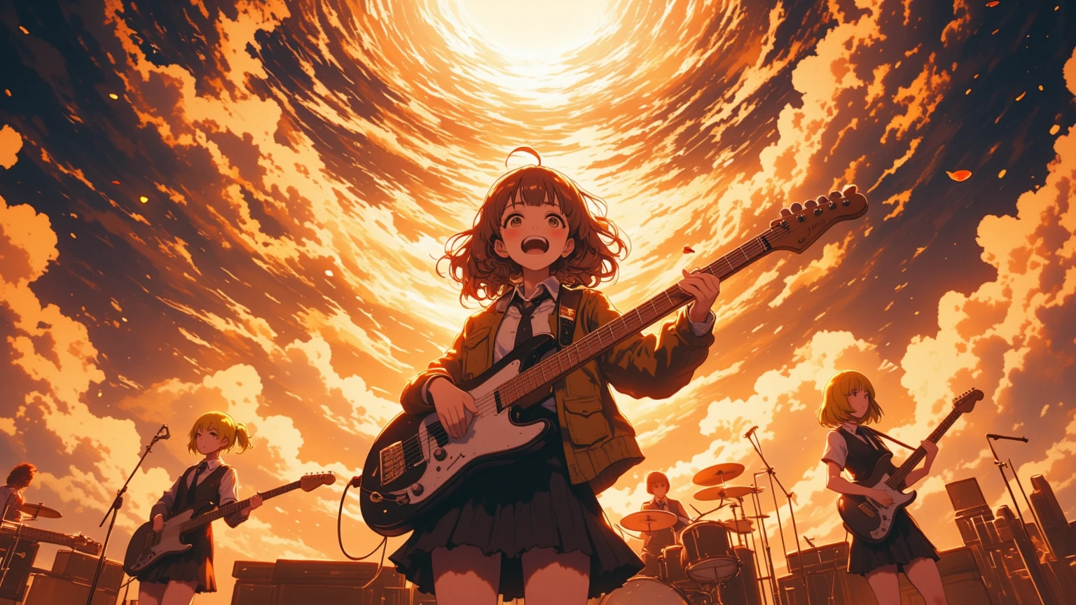 A huge typhoon disaster is looming,
Wide-angle shot,

Shout, shout, shout!　Blow away the cumulonimbus clouds!
5girls, anime-style illustration, (detailed face:1.3), 1th electric guiter medium-length wavy brown hair, 2nd Bass guitar yellow ponytail, 3rd drums pink Bobcut, 4th Mysterious hairstyle playing  keyboard, 5th Spiky hairstyle vocalist(Sing with your mouth wide open), school uniform jacket, skirt, on stage, 
shallow depth of field, background blur, foreground blur, (shallow depth of field:1.3), face in focus, 
warm spotlight lighting, cherry blossom petals floating, cinematic atmosphere, vibrant colors, 
A huge cave on top of a high mountain is a concert hall scene, From side, dramatic lighting, (spotlight from above), golden lighting, lens flare, highly detailed, illuminated by spinning penlights, her bangs and side locks accentuating vocalist face against a simple brown background, The sound waves vibrate through the cumulonimbus clouds towering into the sky, even with the howling of the voices. The cumulonimbus clouds scatter.