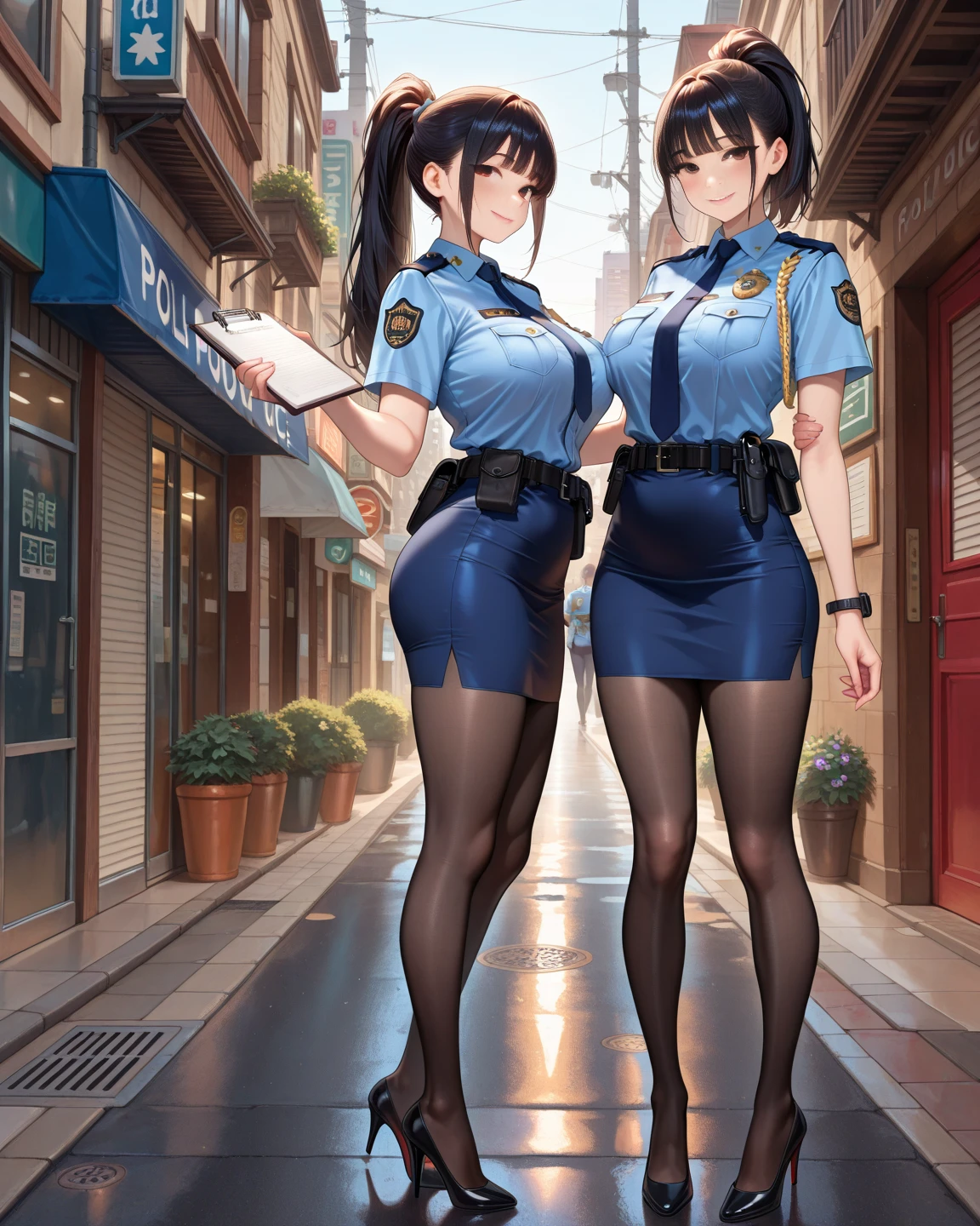 NSFW,masterpiece,Highest quality,High resolution,Very detailed,Timid Girl,Young face,mole,Short height,Big Breasts,Police Officer,policewoman,hat,mini skirt,Pencil Skirt,pantyhose,Heel,Tour,patrol