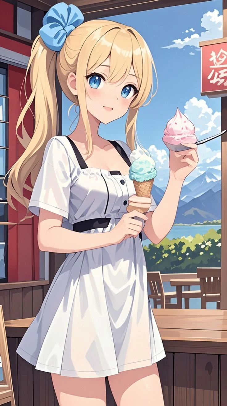 masterpiece、highest quality,Very detailed, Absurd beauty、1 beautiful girl、 (Long Hair、Braided hair、blonde、Ample breasts), look back、Keep your head small、whole body、Casual clothing、Summer clothes、Thin legs、Veranda、Eating ice cream