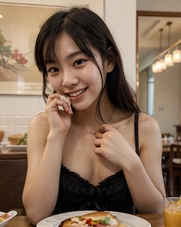 raw photo , 8K, ultra detailed, 1girl, mini dress, (laugh1.3) ,(chocolate cafe:1.3),