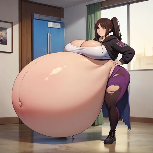 Anime Women, Adult female、Detailed face、amount、amount、Forehead、Afro、Short Hair、Curly hair、Glasses、Sharp eyes、Thick lips、Purple Lipstick、Painted lips、Very fat、Chubby、obesity、obesity体、Double chin、Cheek、Thick neck、Big Breasts、Saggy breasts、Thick upper arms、Thick arms、thick fingers、Fat belly、Flabby belly、Flabby bellyの脂肪、Thick legs、Big Ass、Brown clothes、Brown jumpsuit、Off the shoulder、Side view