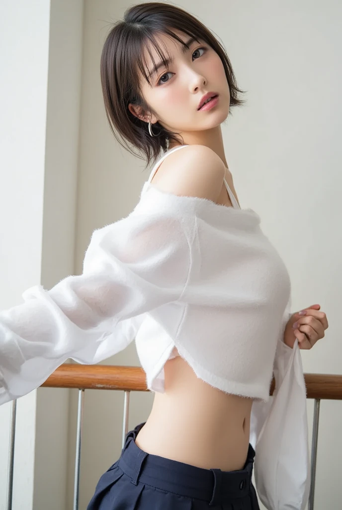 masterpiece, highest quality, High resolution, One girl, alone, kochou shinobu, Butterfly Hair Ornament, Purple eyes, Multicolored Hair, short hair, Parted bangs, Naked and covered, Off the shoulder, Long sleeve, White lace panties cowboy shot, Have a weapon, sword