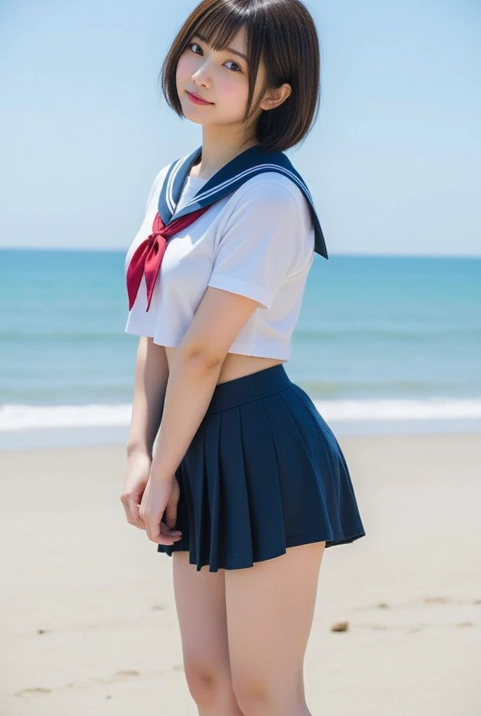 1girl,(((Frontal bust shot angle))),Wide open chest、(((Okinawa ocean)))、(((White sand beaches in Okinawa)))、8k UHD、Digital single-lens reflex camera、High resolution、Shallow depth of field、Natural light、(((Sailor suit)))、(((navy blue super mini skirt)))、(((Full body photography)) )、Small person、(((Young face)))、1 Japanese female、;beautiful girl、(Black Hair)、A strong wind blows up my skirt、(((Brown eyes)))、Glowing Skin、Smooth Thinning Hair、Long Hair、Detailed background、Detailed eyes and face、Clear Eyes、Cute smile、Calm atmosphere、(((stage)))、(((Small breasts)))、(((Beautiful Eyes)))、Flat chest、Children、(((Toned thighs))) 、(((Angle from below) ))、(((Fine lips)))、(((Skirt fluttering)))、Shining beautiful legs、( Skirt fluttering violently in the strong wind :1.4), (hair blowing in the strong wind:1.4), (leaning forward)、(((barefoot、barefoot)))