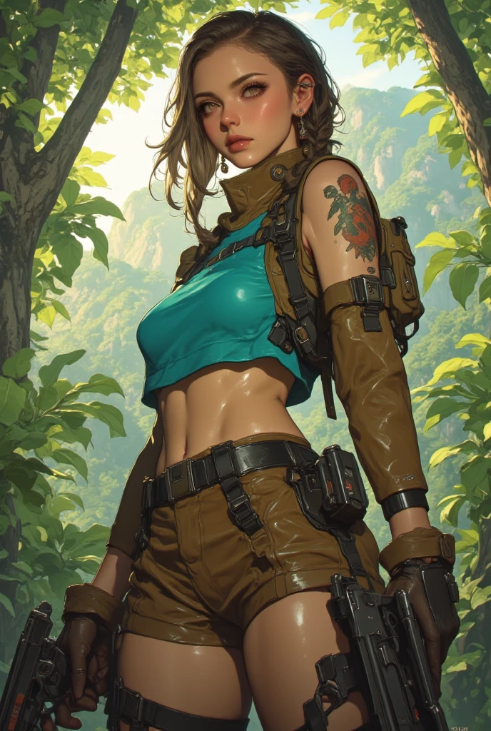 (beste-Qualit), (tmasterpiece), (Detailed:1.4), lara croft, adventurer, female lynx, anthro, cat ears, fangs, Happy Eyes, Anthropomorphic body, bandaged ankles, standing seductively, dynamicpose, берцы, Military style, detailed lighting, Fluffy lynx fur, Detailed fur, ssmile, Cinematic lighting, (detailed forest background, water fall, Hills, a tree), wide angle view, (higher wildlife feral detail), Realistic Proportion, photo-realistic, realistic hands, 64K HD, wide dynamic range, HDR,