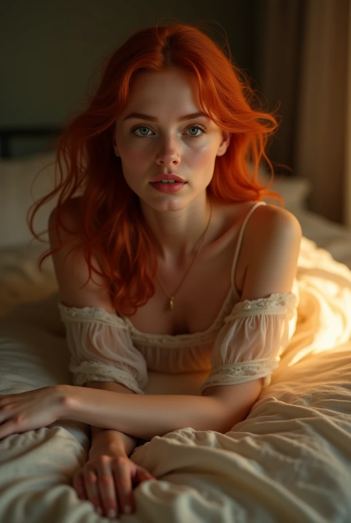 Une femme rousse, d'une beauté saisissante, est assise sur son lit, dans une pose sensuelle et élégante. Sa chevelure flamboyante s'étale en vagues autour de son visage, encadrant ses traits délicats et mettant en valeur ses yeux captivants. Elle est nue, mais sa nudité est partiellement cachée par un bel oreiller qu'elle tient contre elle avec une subtilité séduisante, dissimulant juste ce qu'il faut pour créer une atmosphère de mystère.
Le lit, couvert de draps en satin, reflète la lumière douce qui inonde la pièce, ajoutant une touche de chaleur et d'intimité à la scène. L'oreiller, richement texturé et peut-être orné de broderies fines, contraste avec la douceur de sa peau. Son expression est à la fois sereine et invitante, dégageant une sensualité naturelle qui se mêle à l'élégance de la scène. L'environnement est simple mais raffiné, mettant l'accent sur la beauté pure et envoûtante de cette femme rousse dans un moment de vulnérabilité et de grâce.