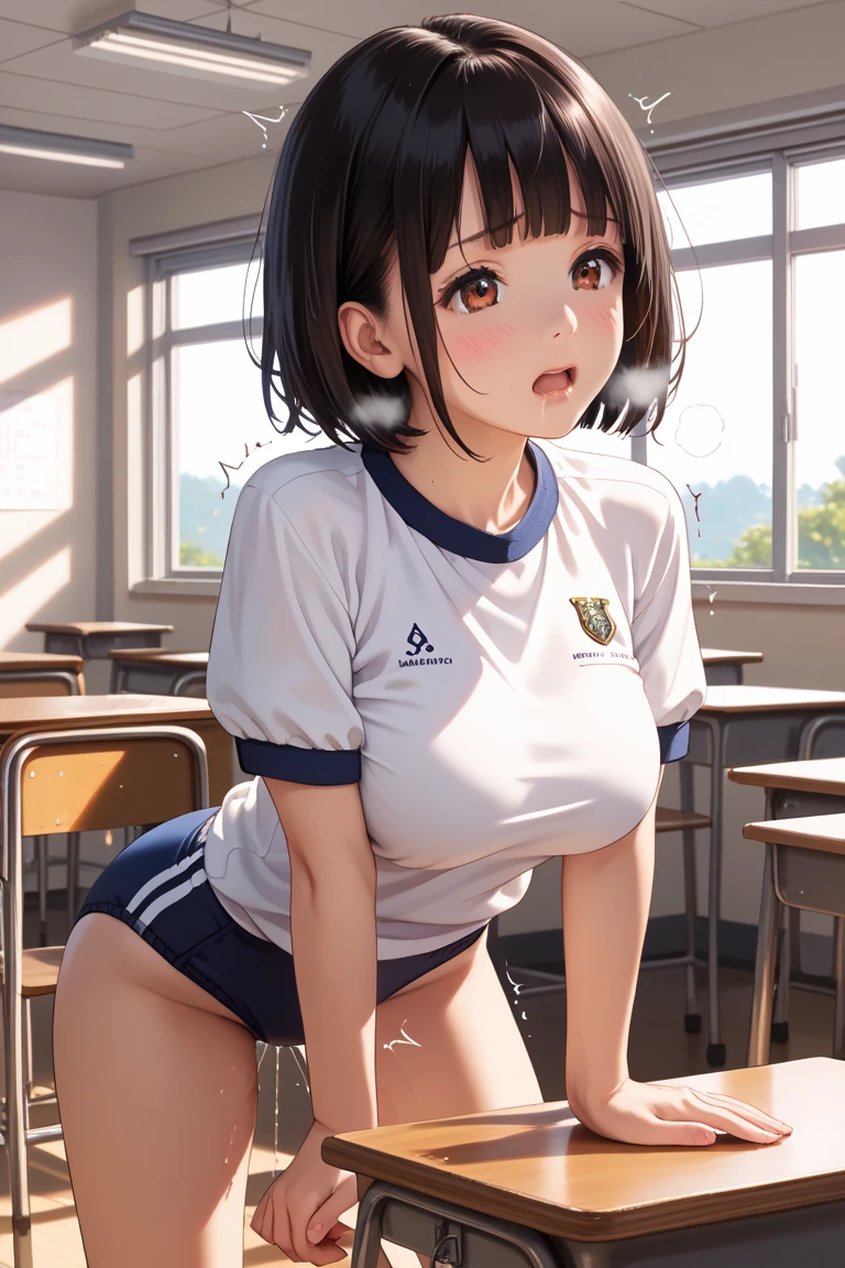 very cute and beautiful girl,(Very detailed美しい顔), (((Close-up shot of face、Open your mouth very wide、Sweating all over、White liquid))),blush,Black Hair,Seraphim,((short hair、Black Hair、Pink hair on the inside、Gal、Small breasts)),((Track & field athletes' uniforms)),((Reaching for the camera、Spread your legs、High angle、Dynamic Angle)), ((Small storage room in gymnasium、Dim lighting、vapor、Sigh、The expression of the limit)), (Highest quality,masterpiece:1.0),Absurd,High resolution,Super detailed,Very detailed,32k,8K resolution, Intricate details,Movie Scenes,Detailed Background,alone,Dynamic Angle,
