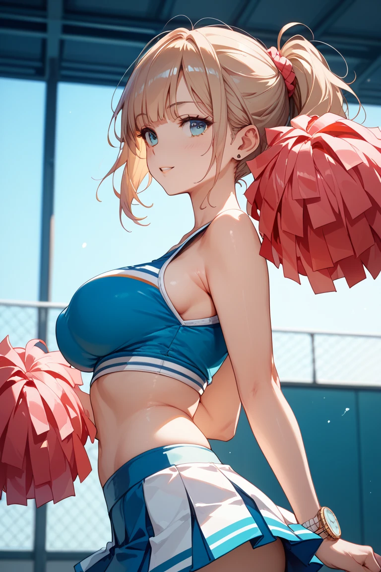 masterpiece, super fine illustration, best quality, light particles, ultra-detailed, 8K wallpaper, (bright colors:1.2), (mature woman), (big breasts), (blonde long hair), twintail, two side up hair, scrunchie, disheveled hair, shiny hair, shiny skin, (beautiful green eyes, shiny eyes), happy smile, blush cheeks, (under boob:1.3), crop top, nipple, (micro skirt, vagina), (cheerleader:1.4), (girl wave 2 cheer pompons:1.2), blush cheeks, arched back, nsfw, outdoor, Athletics grounds, Sunlight, (heart), (vaginal penis:1.2), (a man), (sit astride on man), (lady on top), (cowgirl position:1.4), (rodeo:1.4), hetero, man in below, (intense Sex:1.4), (cum out:1.2), pov,