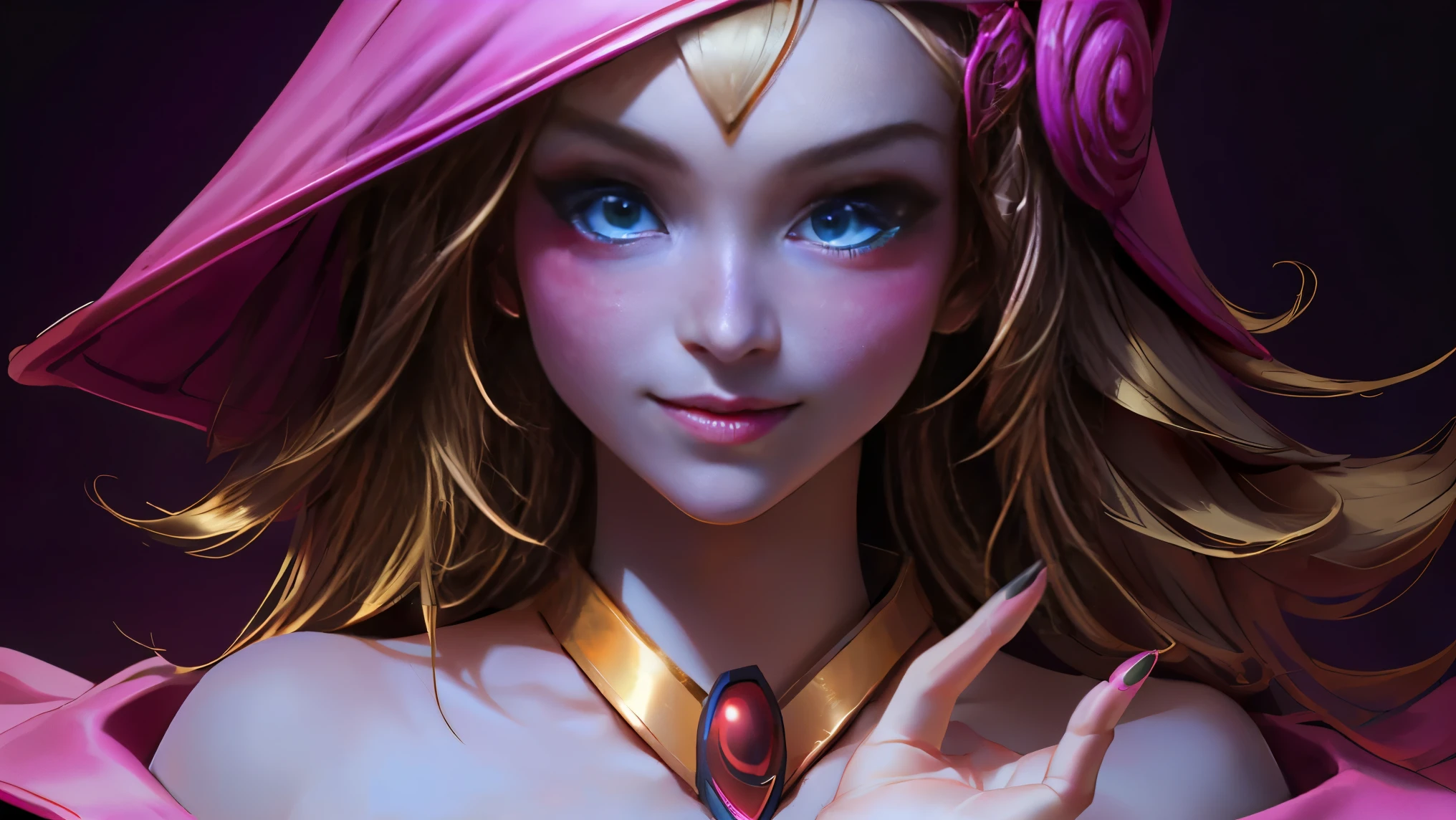 Close-up of a beautiful woman with blond hair and a pink dress, hourglass figure, symmetrical figure, highly detailed face, beautiful face, calming blue eyes, lush pink lips, smiling, alluring, stunning digital illustration, beautiful digital artwork, magenta lighting, fantasy, glossy digital painting, gorgeous digital art, 4k detailed digital art, beautiful digital illustration, 4k highly detailed digital art, beautiful digital art, realistic digital art 4k, realistic digital art 4k, airbrush digital art