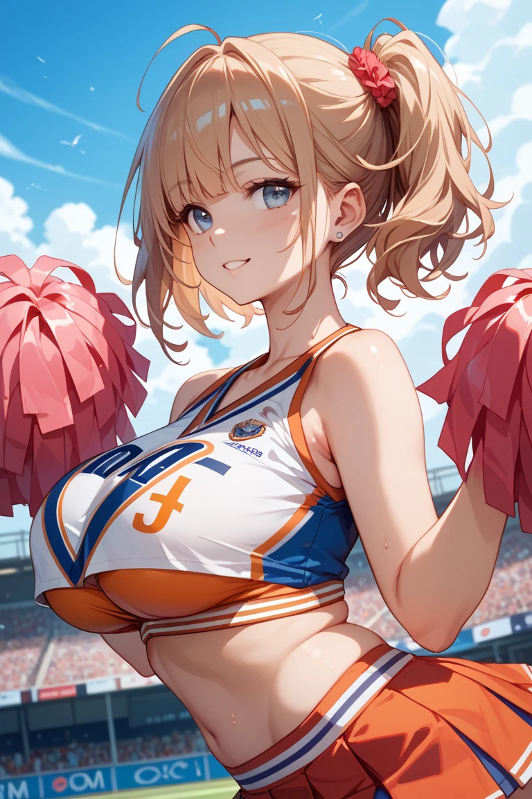 {{{one girl with seven heads}}}, beautiful detailed girl, game CG, short bob hair, pastel orange hair, purple eyes, alone, Breast augmentation, medium shoot, woman, big breasts, Cheerleader, {{{{{green detailed Cheerleader uniform}}}}}, beautiful and detailed eyes, highest quality, super delicate, highest quality, official art、highest quality、unity 8k wallpaper、32K、masterpiece、Super detailed, blue sky visible in the distance, sunset, Performance at an outdoor stadium, Hold it in your hand, You can see the school building in the back, traditional architecture, Multiple three-dimensional clouds in the distance, cute smile, Sweat, open your mouth, blush, Event still images, anime style girl, heavy breathing, soft, Anime style like watercolor painting, surrounded by spectators,