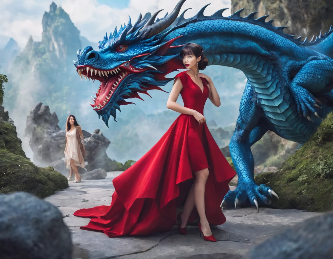 Beautifull women and red dragon blue sky full body