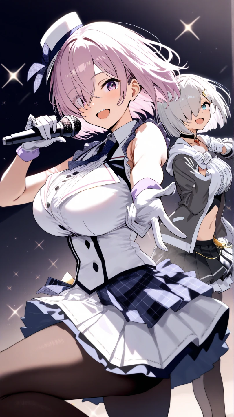(kinako_(shiratama_mochi) style, ((topless)), nsfw, masterpiece, 1 girl, solo, erect nipples, sweaty, wet body, hair ornaments, intricately detailed, chain belt, navel, latex shorts, fishnet leggings, multicolored hair, black hair, pink, live band, live perfornance, idol, live stage, spotlight, stage light, extremely detailed, bare breasts, puffy nipples, purple eyes, vtuber, bare stomach, sweaty, medium breasts, arm strap, cowboy shot, microphone, singing, open mouth, short hair, cg masterpiece, cowboy shot, smiling