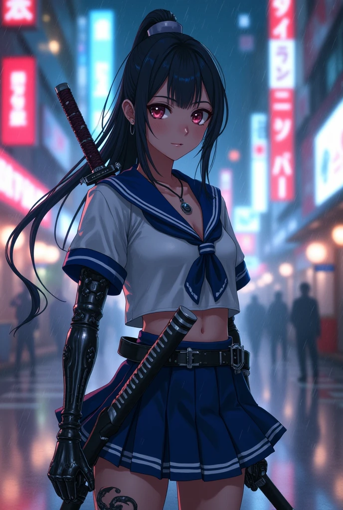 Although petite and has a perfect figure,、Female warrior with small breasts holding a huge sickle behind her hand, Japan set of sailor suits followed by wearing capes、Main color is matte black、The second color is meteratic purple, It's not underwear under her Japan sailor suit, Her Japan sailor suit was deducted、Reduced, She sweats、the body is very wet(Detailed), She has a tattoo on her body, She overcame with a sexy and demonic aura, It is an original character drawn with the whole body, High quality, Masterpieces,16 K, Anomatomically accurate and ultra-detailed, This girl has a pair of educational eyes, Emotion Facial, High ponytail, 20-year-old virgin, She is walking under the moon and in the middle of the street