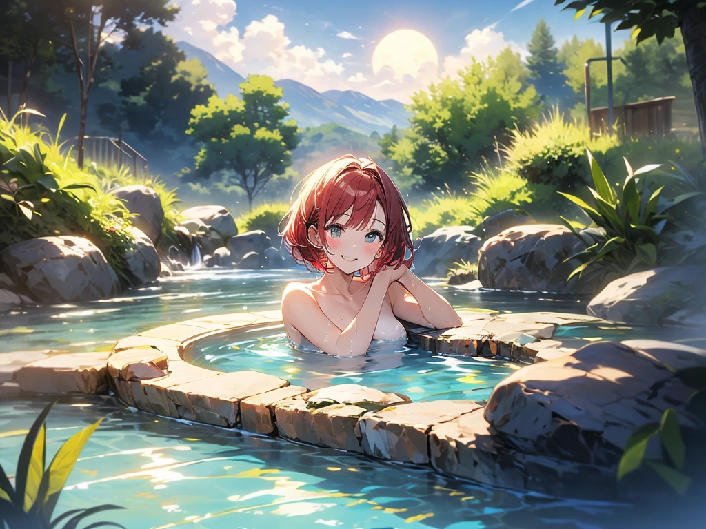 (8K、RAW Photos、Highest quality、nsfw、masterpiece:1.2)、(Real、Photorealistic:1.2)、(Ultra-high resolution)、(Super detailed)、Unbelievable absurdity、masterpiece、(Pee、Standing pee:1.5)、(Completely naked:1.5)、(Detailed facial features)、(Detailed shiny eyes)、(Stunningly beautiful girl:1.4)、Beautiful woman、(Completely naked、Wearing nothing、No attachment)、(Camel Toe、vulva:1.4)、(Full nudity:1.5)、Perfect golden ratio face、Perfect lighting、Perfectly shaped breasts、Small nipples and areola for breast size、silky shiny hair、Peeでびしょ濡れの太もも、(Pink nipples)、Firm chest、Non-sagging breasts、Nipples are close to the centerline of the body、There is no cleavage、Peeが太ももを伝って流れ落ちています、Straight Hair、smile、Thin pelvis、Thin legs、脚の間からbackgroundが見えます、legs are open、The sunlight is too bright on my face、Professional Lighting、strobe、The photo was taken using a reflector.、Glowing White Skin、Hands are at your sides or behind your back、background：noon、Green tree々is overgrown with、Rapids deep in the mountains、Very clear river water、There are lots of huge rocks、