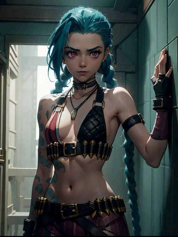 Cinematic illustration of Jinx in a dynamic pose and facing a wall, Risa, warm body, pechos bonitos, Cara detallada, Datails intrincados, piel brillante, Elegant Melancin, cinematic lighting, Super detail, La mejor calidad, Obra maestra, Anatomically correct, piel texturizada, Super detail, Detalles altos, alta calidad, Artstation. fondo, A cinematic ring.
