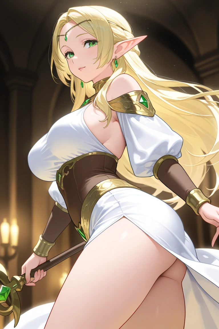 seductive smile, AphroditeDanmachi, blonde hair, green eyes, long hair, earrings, jewelry, revealing clothes, (wariza), (outdoor, city, ancient roman), (masterpiece, best quality, ultra-detailed, best shadow), solo, solo focus, female focus, bent over, ass, ass focus, (serafuku), from behind,