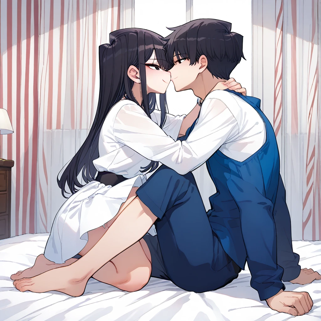 (1 boy), (hetero:1.2), looking at another person, sitting, girl on top, (straddling, upright straddle), hug, leg lock