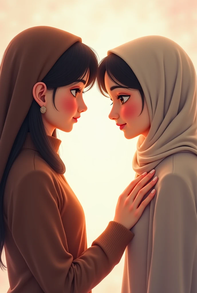 close ip,2woman, 3-Years-Old,Female Docter, Hijab Beautiful Indonesian Woman, Wearing Tight Gamis, wearing bra, White Porcelain Skin, Realistic Ultra,,2, Lesbian Sex, deeply in Lustful,nipp,lay down,look to the viewer,bubble text written"oohh fuck yess"