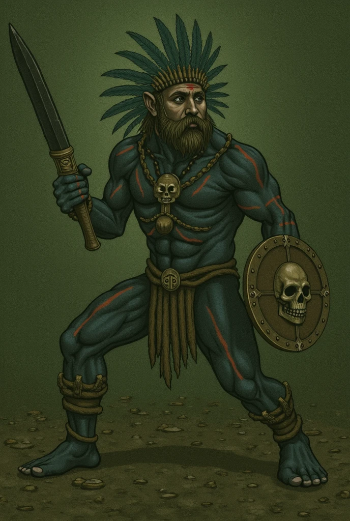 papermini, printableheroes, a male goblin shaman mage with a primitive stick staff, casting a magic spell, brown loincloth, tribal ritualistic tattoos, arms upraised casting tribal spell, wearing primitive medieval tribal priestly shaman robes, yellow skin, holding primitive shaman stick staff with skull on top, skull staff, white background <lora:papermini_v1-3:0.8>