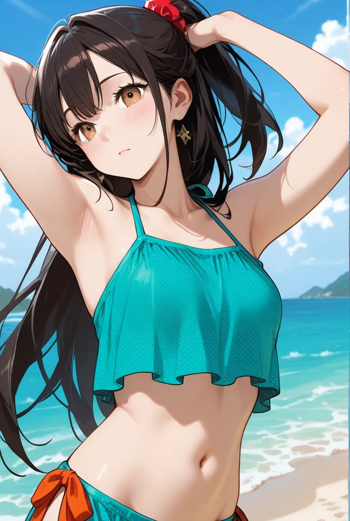 Girl, cute, adorable, smiling, straight hair, long hair, black hair, brown eyes, standing, (right arm up behind:1.2), (shows armpit:1.2), (left arm Lower waist:1.2), Swayback stance, looking at the camera, From the front, from thighs to head, pool, daylight,Sarong-pass