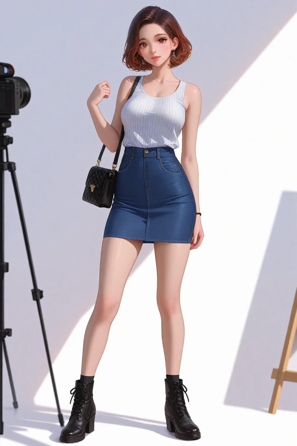 (best quality,4k,8k,highres,masterpiece:1.2),ultra-detailed,(realistic,photorealistic,photo-realistic:1.37),portrait,studio lighting,physically-based rendering,vivid colors,bokeh,colorful lighting,seductive pose,fashion model,beautiful detailed eyes,beautiful detailed lips,extremely long legs,detailed skirt,detailed shoes,high-rise shoes,high heels,short skirt,glamorous outfit,upward angle shot,bottom view,perfect lighting