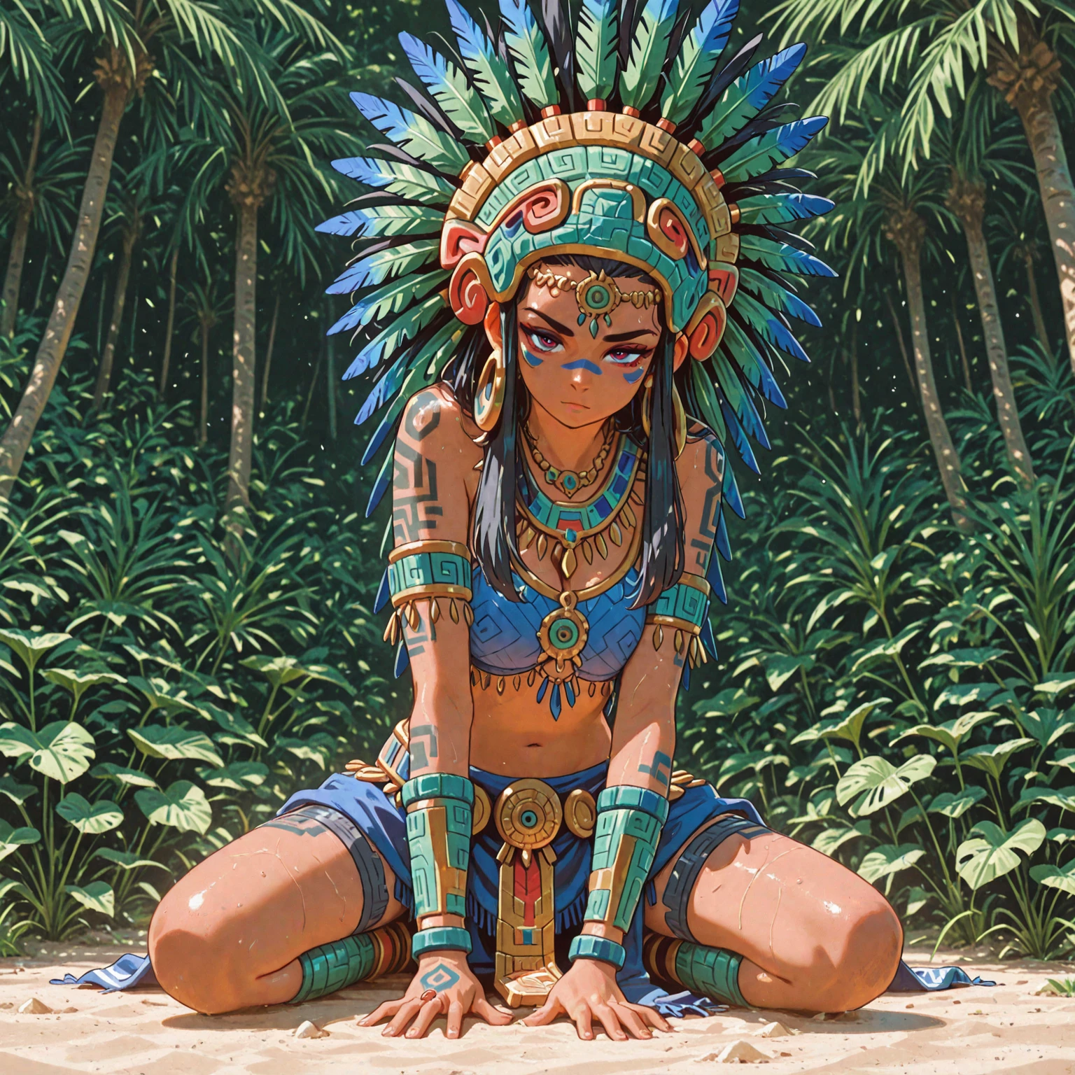 The Perfect Picture, a 1girl, 独奏, Indian, feather headdress, war paint on the face of blue color, dark-skin, Indian settlement, Revealing clothes, sitting on the grass, spreading legs, Sundown, looks at the viewer, Bob hairstyles, dark colored hair.