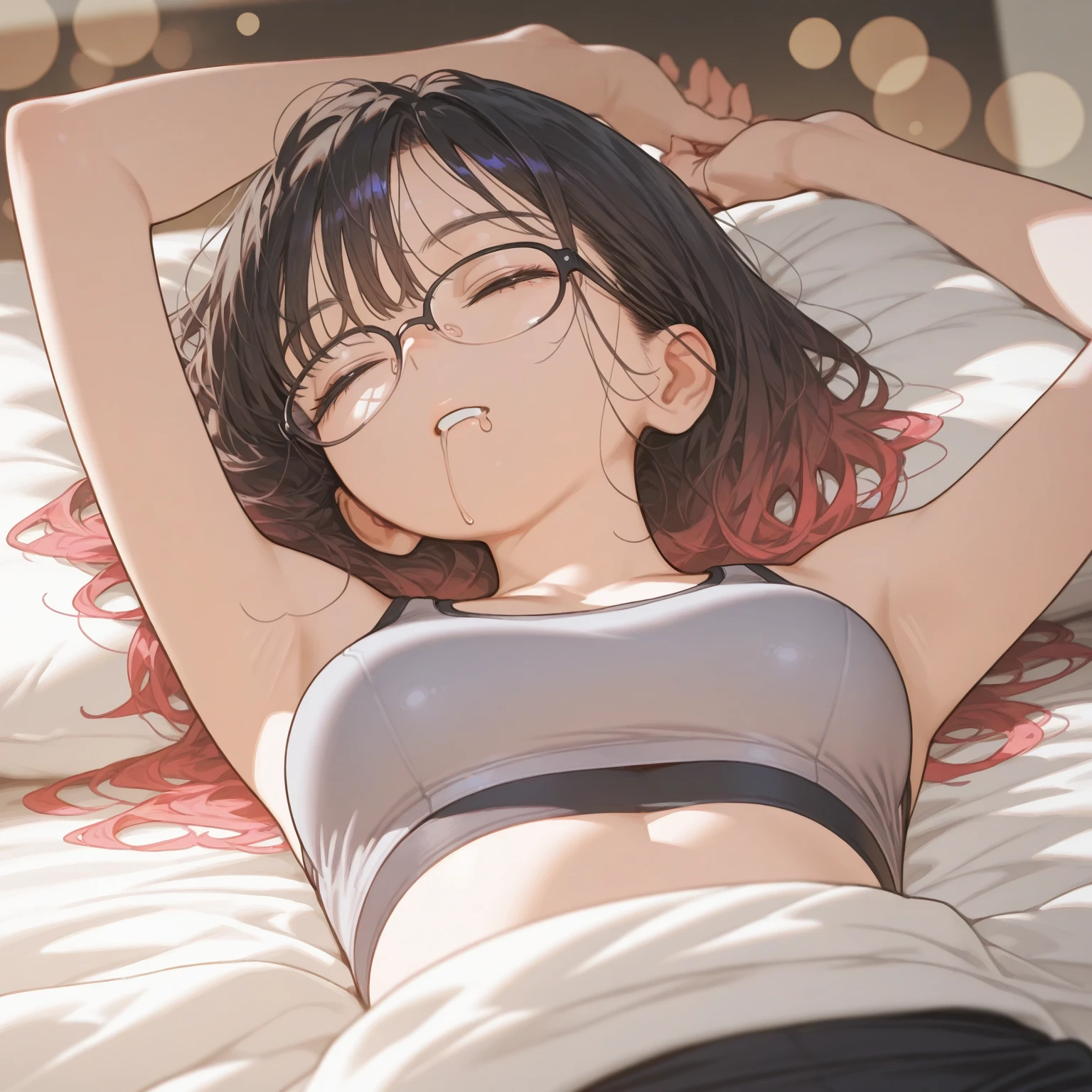 Middle and high school girl, changing clothes, hands up, white tank top shoulders visible, lower breasts protruding from tank top, Japanese-style room, inn, on futon, track and field, beautiful girl, short hair, clear white skin, brown hair, small breasts, beautiful legs, red cheeks, exposed belly button, expression of defiance, lying on back Lying down, eyes open, composition seen from directly above, realistic, sweating a lot, composition where the whole body is visible