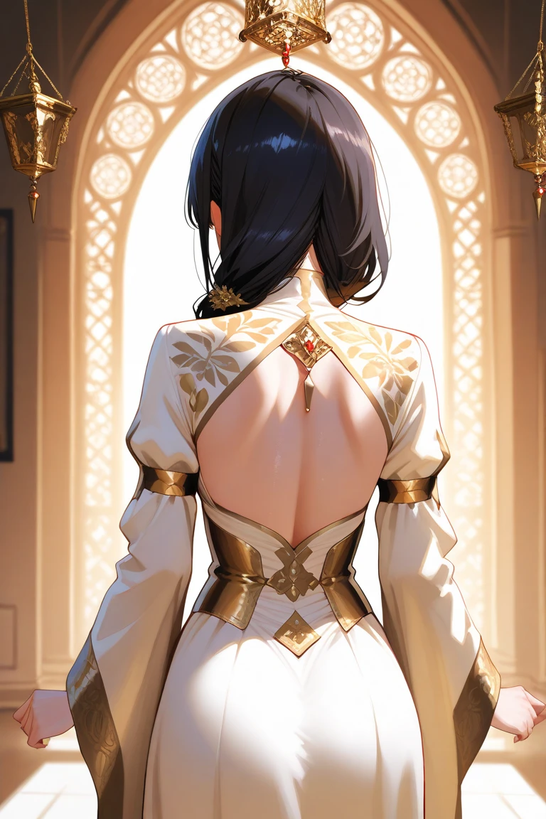 Kirigaya Suguha, 1girl, beautiful detailed eyes, beautiful detailed lips, extremely detailed face and body, extremely detailed intricate uniform, kneel pose , watching from behind , back view , look back , tight clothes , good propotion body ( perfect legs and hands) , gold chain , very pretty
