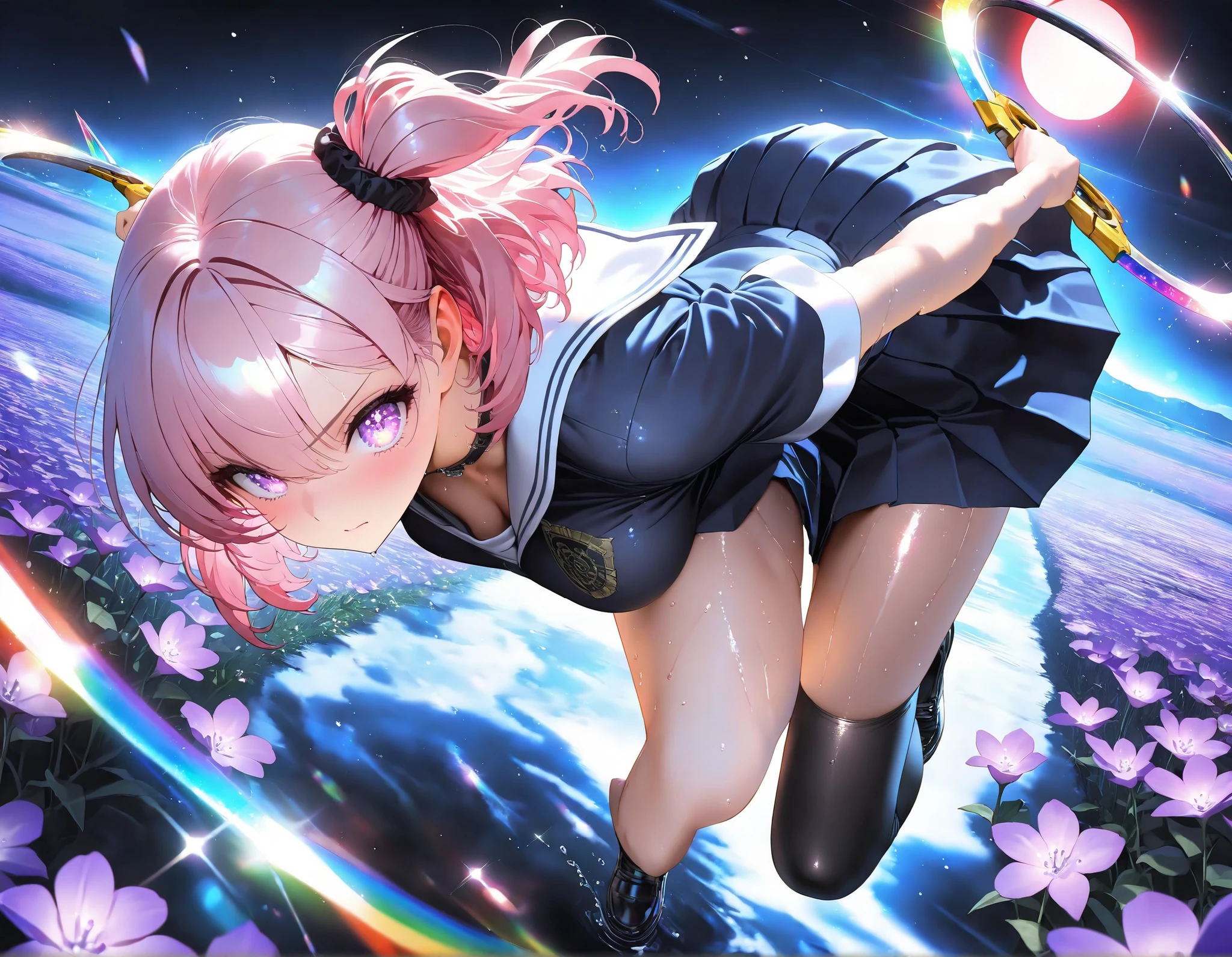 masterpiece, top quality, Super Detailed, 8k, full body, dynamic poses, cinematic lighting, solo, 1 girl, violet eyes, light pink hair, short hair, cool, beautiful, medium breast, very cute, lovely, kawaii,
Japanese High School Girl , pleated skirt, sailor collar, black thigh high socks, glossy skin, holding weapon, holding two ((chakram, windfire wheels)), (rainbow blade), Confident Expression, Desolate World 、Black sky and red moon、small flower field on dead earth, raindrop, Wet, Disconnect, side ponytail in a low position, serious expression, Semi-realistic, anime style, masterpiece, best quality, amazing quality, very aesthetic, 8k, HDR, cinematic, Glowing_Lights, glowing_light, glowing, glowing_effect, sparkling, particles, sparkle_effect, light_particles, glitter, glitter_effect, bokeh, light_bokeh, light_reflection