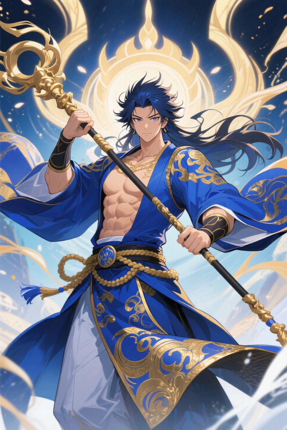 Masculine man, solo, alone, sea, deep blue hair, draconic blue scales on skin, pale skin, golden hunter eyes, navy blue horns curved backwards, serene expression, traditional clothes
