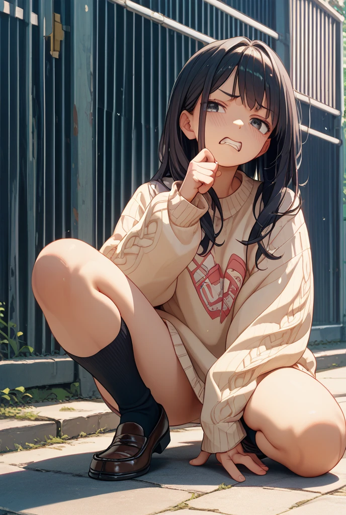 ((masterpiece,Highest quality:1.3,best quality illustration,realistic)),cowboy shot,solo,1woman,(20-year-old、Japanese Beauty)、brown hair,long hair,center parted bangs,brown eyes,gorgeous eyes,((very small head:1.3)),blush,shy,Heavy breathing,((very long body:1.2,skinny)),medium breasts,(tan skin:1.4), (gleaming skin,toned body,slender body),sweat,(black oversized hoodie,denim micro shorts),Wet crotch、White sneakers、squatting,Alley、Tokyo、